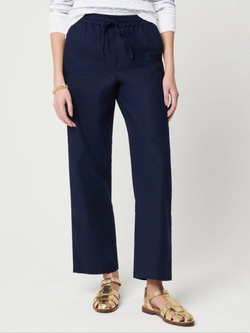 J. Crew Navy Blue Elastic Waist Slim Wide Leg Linen Drawstring Pants 6P NWT